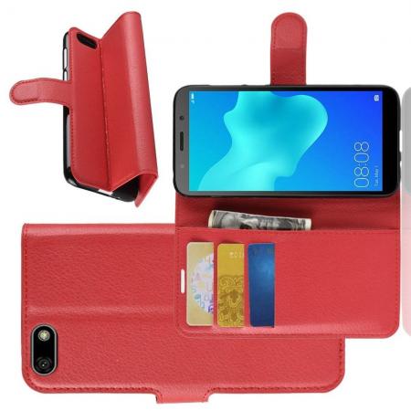 Флип чехол книжка с кошельком подставкой отделениями для карт и магнитной застежкой для Huawei Y5 2018 / Y5 Prime 2018 / Honor 7A Красный