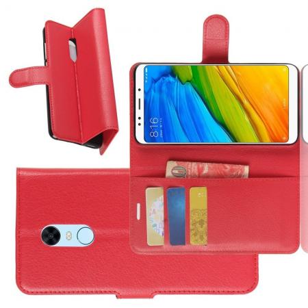 Флип чехол книжка с кошельком подставкой отделениями для карт и магнитной застежкой для Xiaomi Redmi 5 Plus Красный