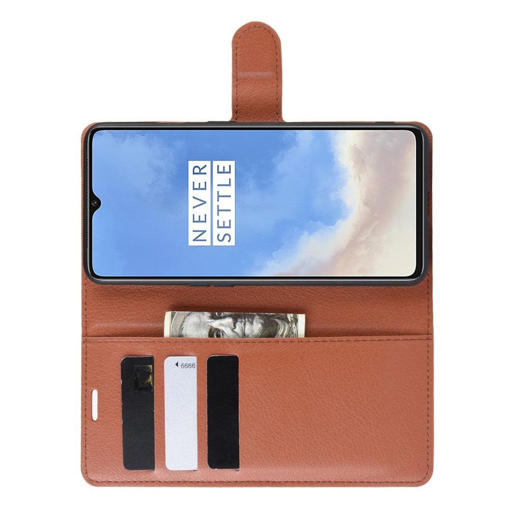 Боковая Чехол Книжка Кошелек с Футляром для Карт и Застежкой Магнитом для OnePlus 7T Коричневый