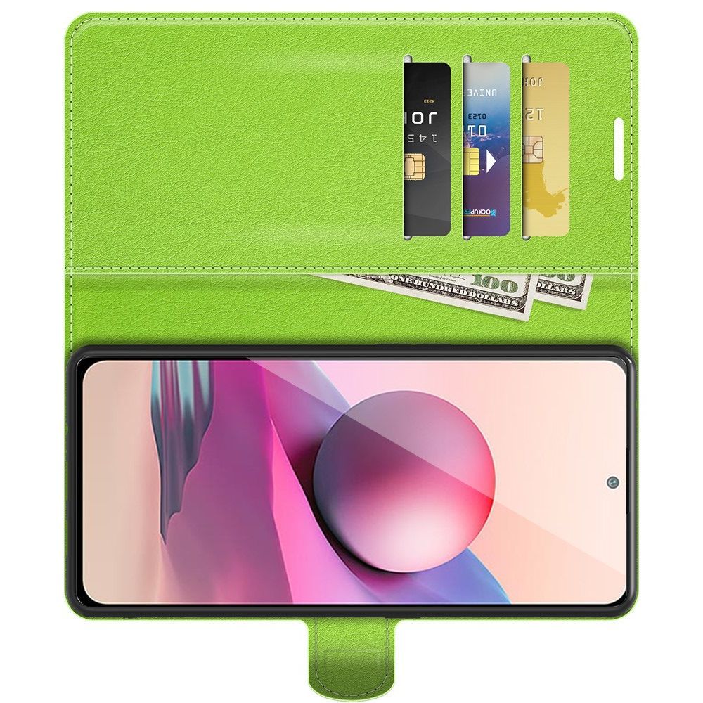 Боковая Чехол Книжка Кошелек с Футляром для Карт и Застежкой Магнитом для Xiaomi Redmi Note 10 Зеленый