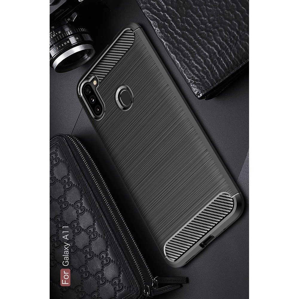 Carbon Fibre Силиконовый матовый бампер чехол для Samsung Galaxy A11 Черный
