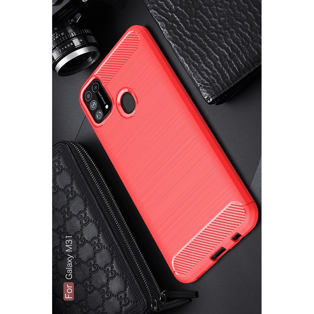 Carbon Fibre Силиконовый матовый бампер чехол для Samsung Galaxy M31 Красный