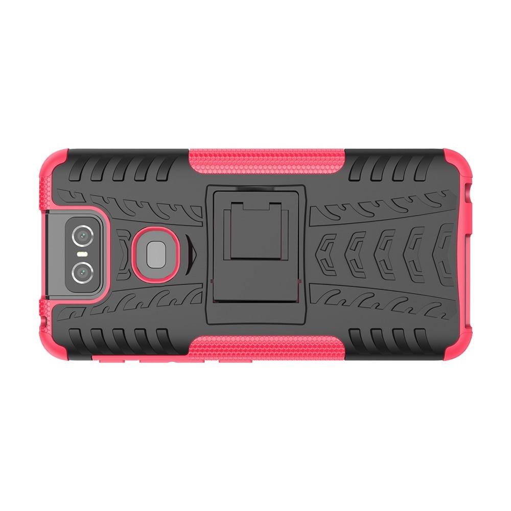 Двухкомпонентный Противоскользящий Гибридный Противоударный Чехол для Asus Zenfone 6 ZS630KL с Подставкой Розовый