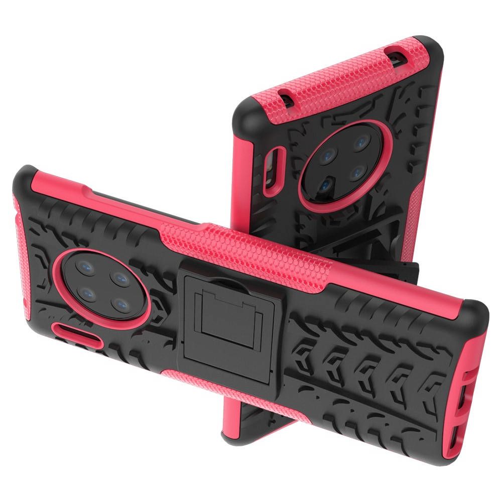 Двухкомпонентный Противоскользящий Гибридный Противоударный Чехол для Huawei Mate 30 Pro с Подставкой Розовый / Черный