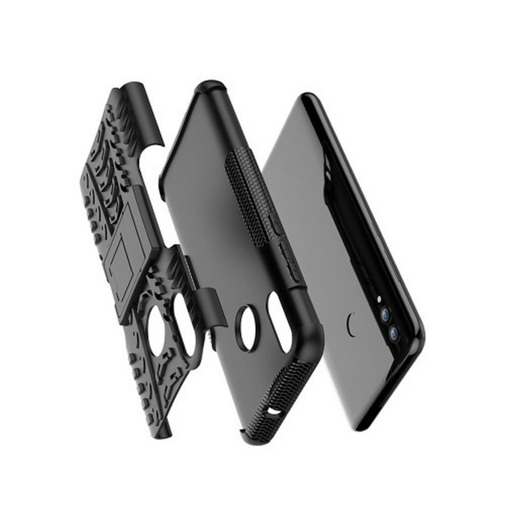 Двухкомпонентный Противоскользящий Гибридный Противоударный Чехол для Huawei P Smart 2019 с Подставкой Черный