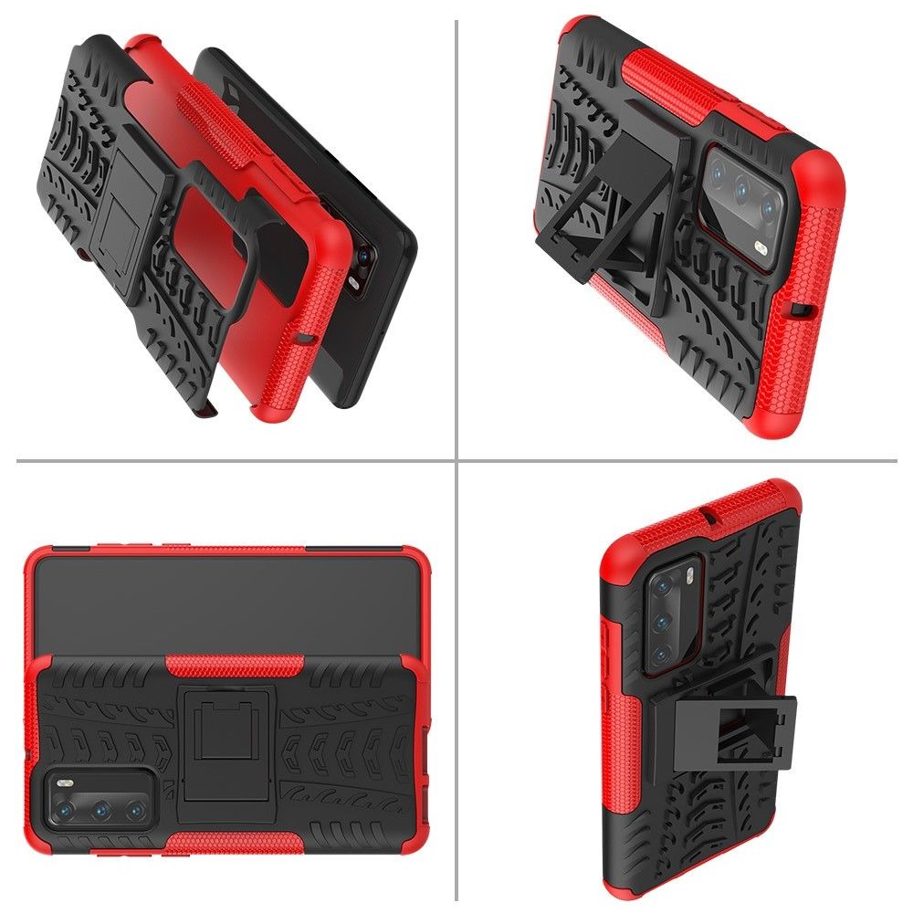 Двухкомпонентный Противоскользящий Гибридный Противоударный Чехол для Huawei P40 с Подставкой Красный / Черный