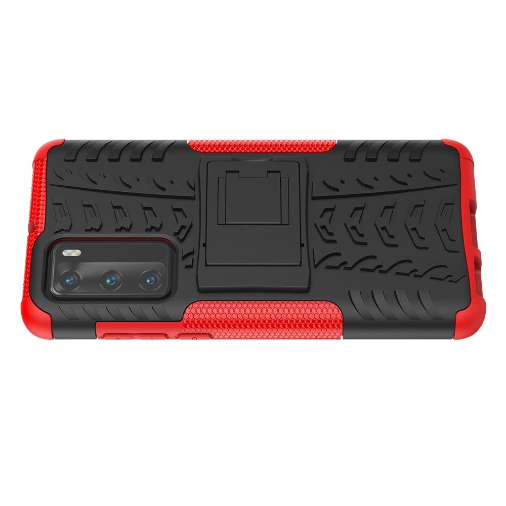 Двухкомпонентный Противоскользящий Гибридный Противоударный Чехол для Huawei P40 с Подставкой Красный / Черный