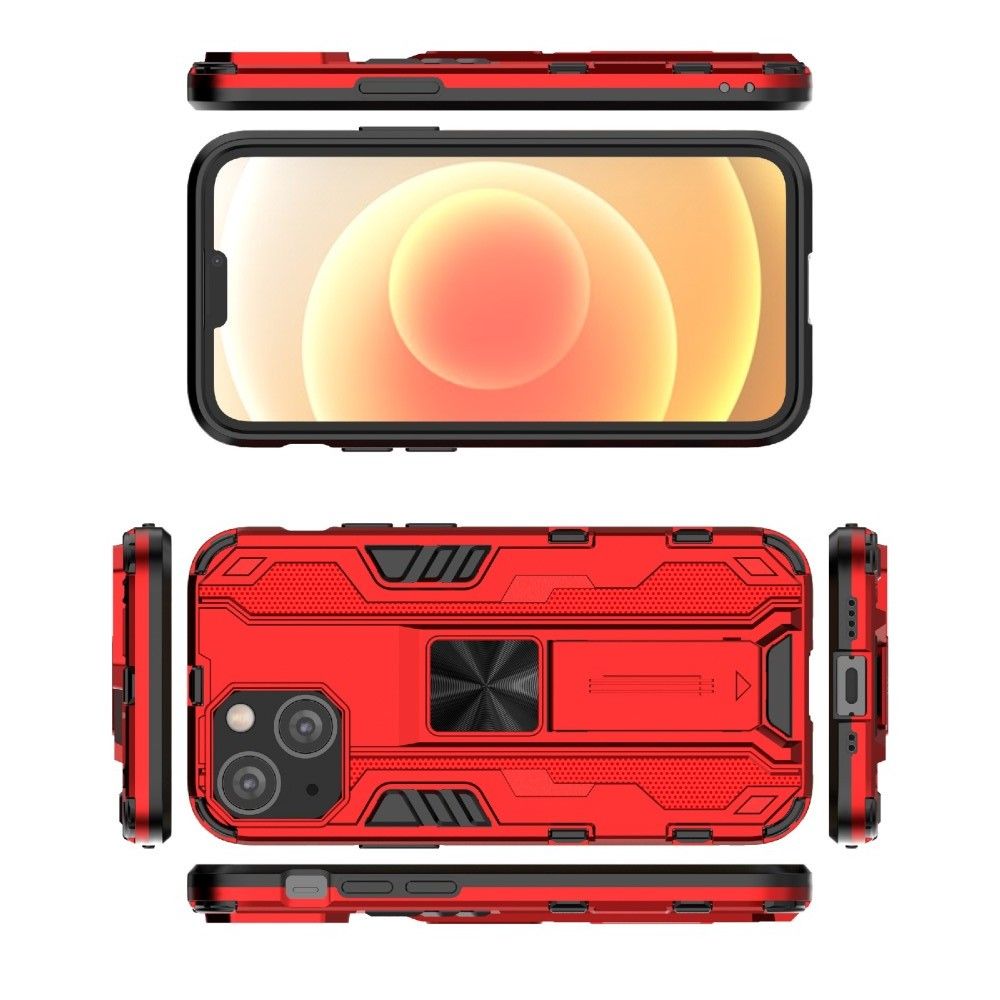 Двухкомпонентный Противоскользящий Гибридный Противоударный Чехол для iPhone 13 mini с Подставкой Красный