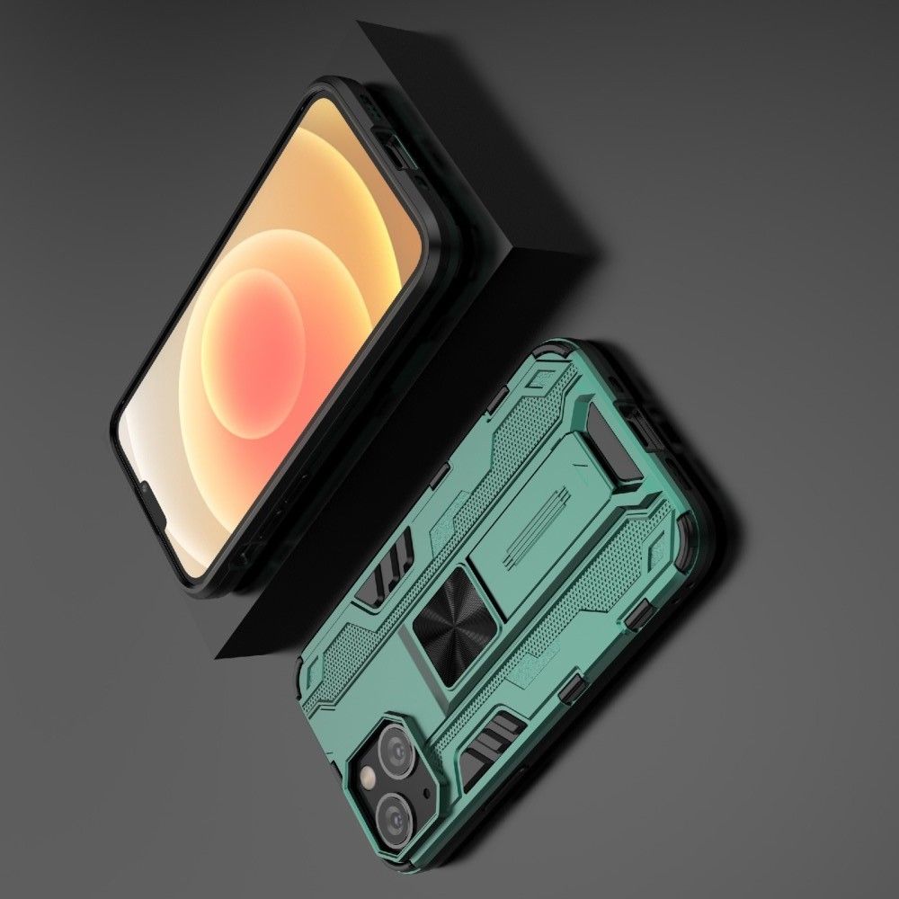 Двухкомпонентный Противоскользящий Гибридный Противоударный Чехол для iPhone 13 mini с Подставкой Зеленый