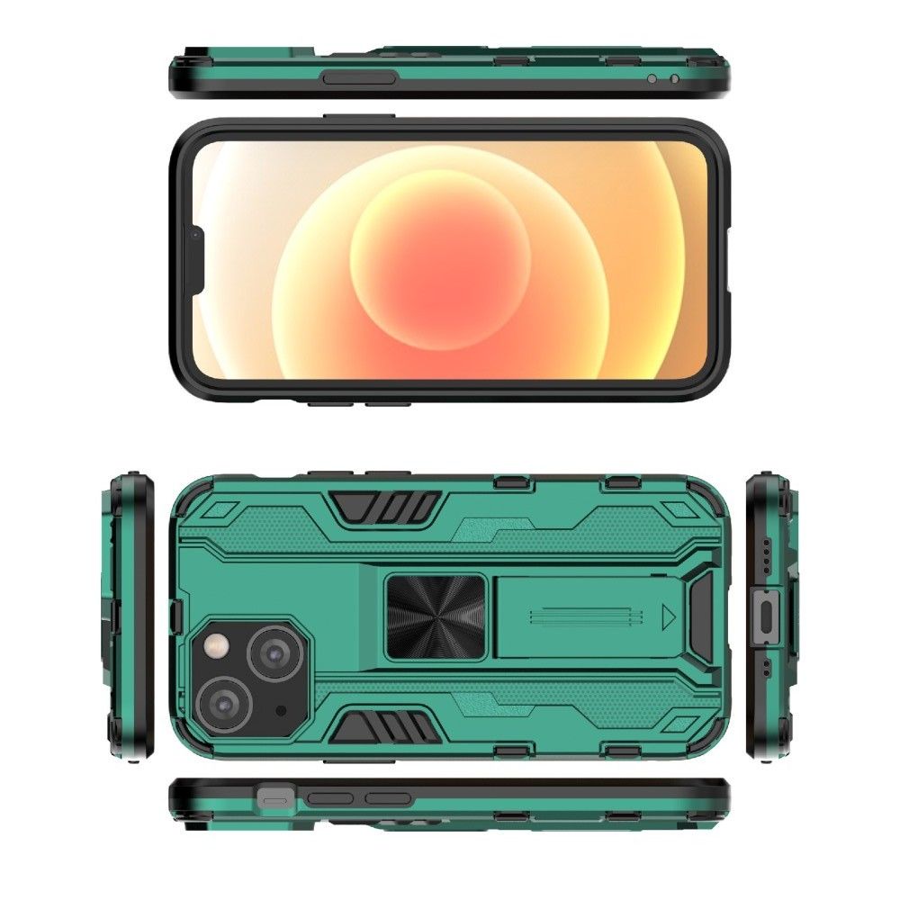 Двухкомпонентный Противоскользящий Гибридный Противоударный Чехол для iPhone 13 mini с Подставкой Зеленый
