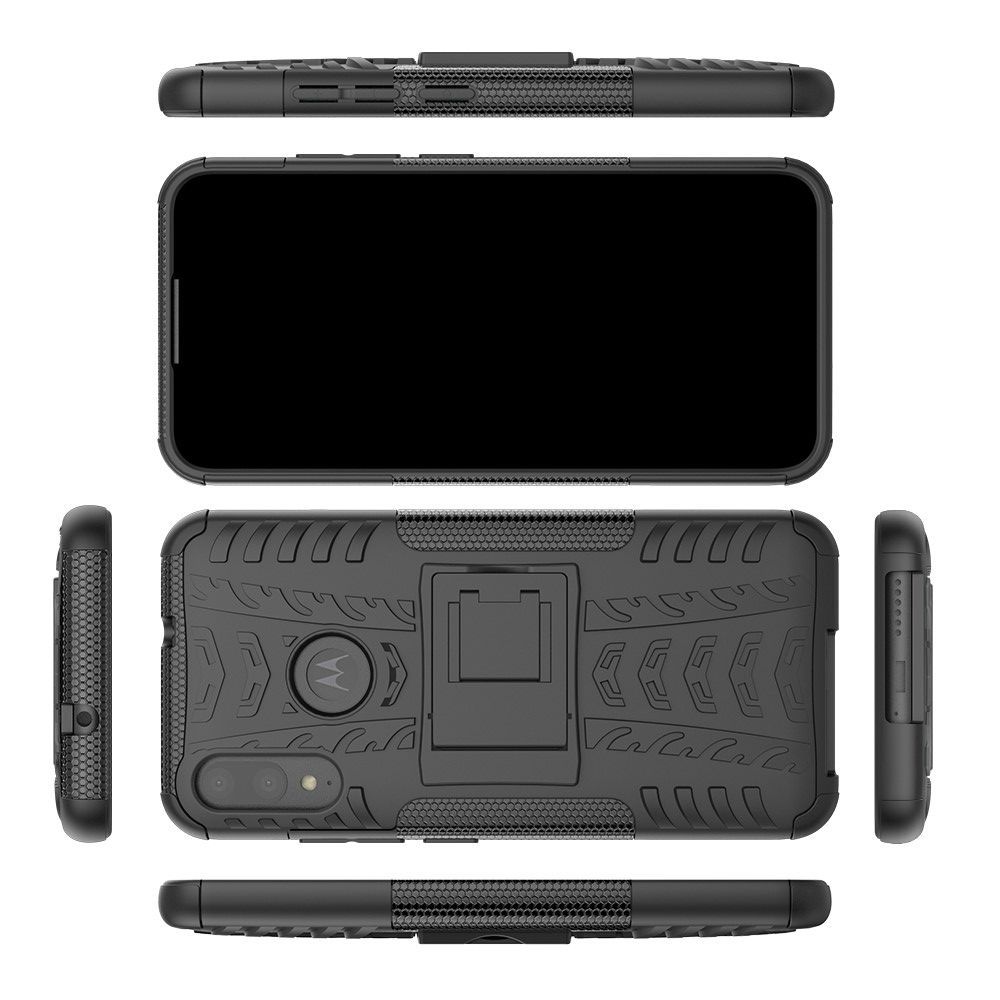 Двухкомпонентный Противоскользящий Гибридный Противоударный Чехол для Motorola Moto E6 Plus с Подставкой Черный