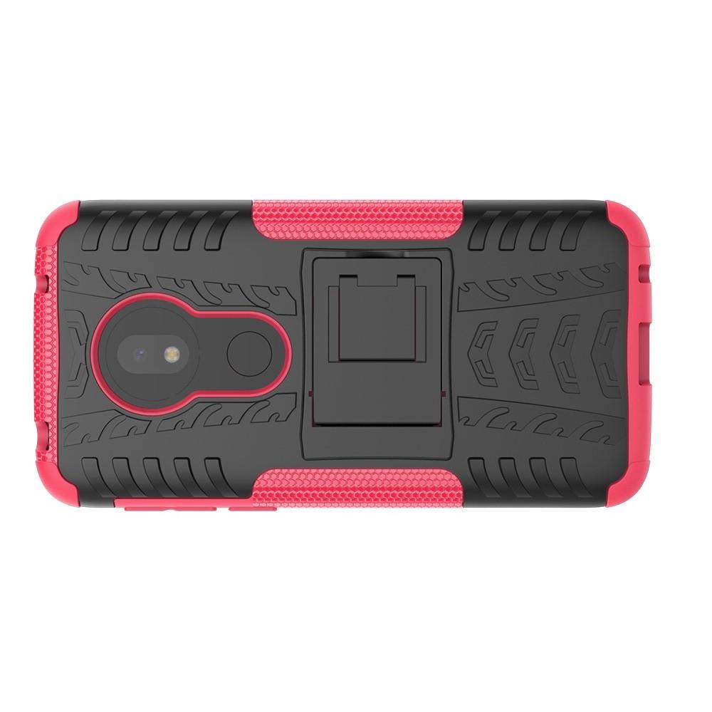 Двухкомпонентный Противоскользящий Гибридный Противоударный Чехол для Motorola Moto G7 Play с Подставкой Розовый