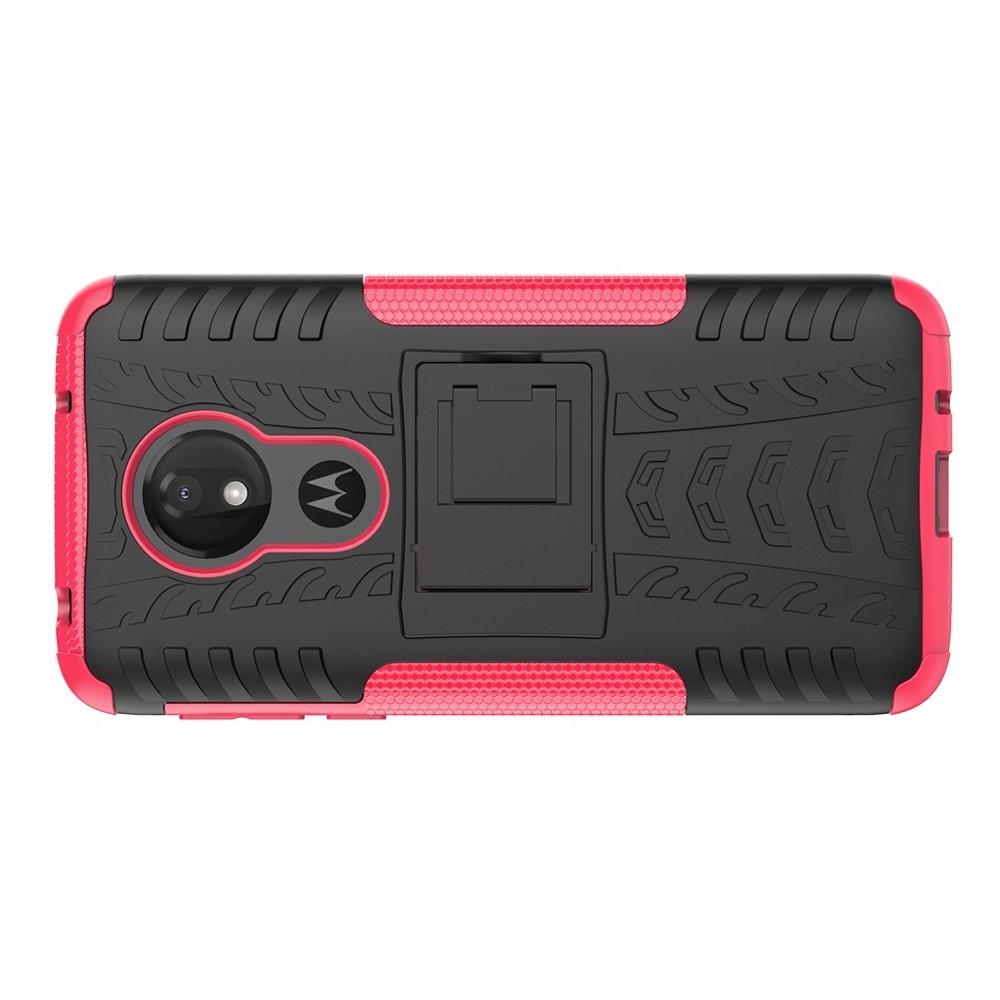 Двухкомпонентный Противоскользящий Гибридный Противоударный Чехол для Motorola Moto G7 Power с Подставкой Розовый