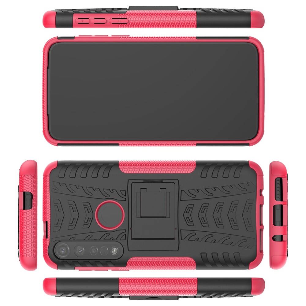 Двухкомпонентный Противоскользящий Гибридный Противоударный Чехол для Motorola Moto G8 Plus с Подставкой Розовый