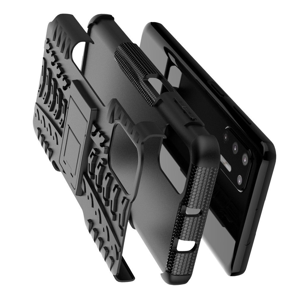 Двухкомпонентный Противоскользящий Гибридный Противоударный Чехол для Motorola Moto G9 Plus с Подставкой Черный