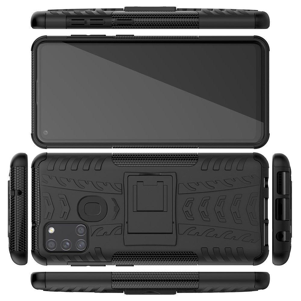Двухкомпонентный Противоскользящий Гибридный Противоударный Чехол для Samsung Galaxy A21s с Подставкой Черный