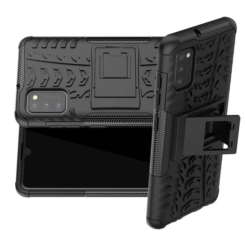 Двухкомпонентный Противоскользящий Гибридный Противоударный Чехол для Samsung Galaxy A41 с Подставкой Черный