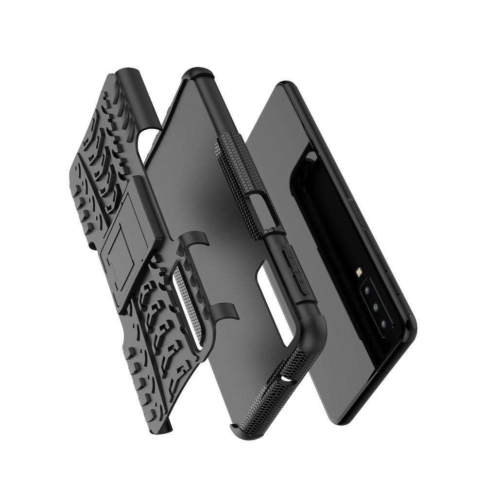 Двухкомпонентный Противоскользящий Гибридный Противоударный Чехол для Samsung Galaxy A7 2018 SM-A750 с Подставкой Черный
