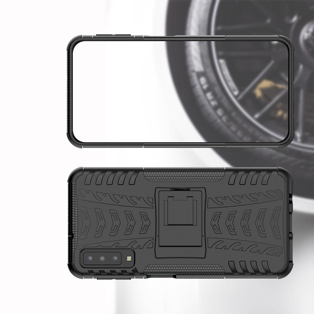 Двухкомпонентный Противоскользящий Гибридный Противоударный Чехол для Samsung Galaxy A7 2018 SM-A750 с Подставкой Черный