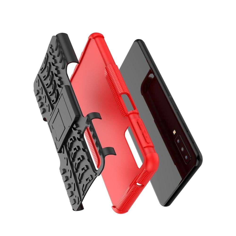 Двухкомпонентный Противоскользящий Гибридный Противоударный Чехол для Samsung Galaxy A7 2018 SM-A750 с Подставкой Красный