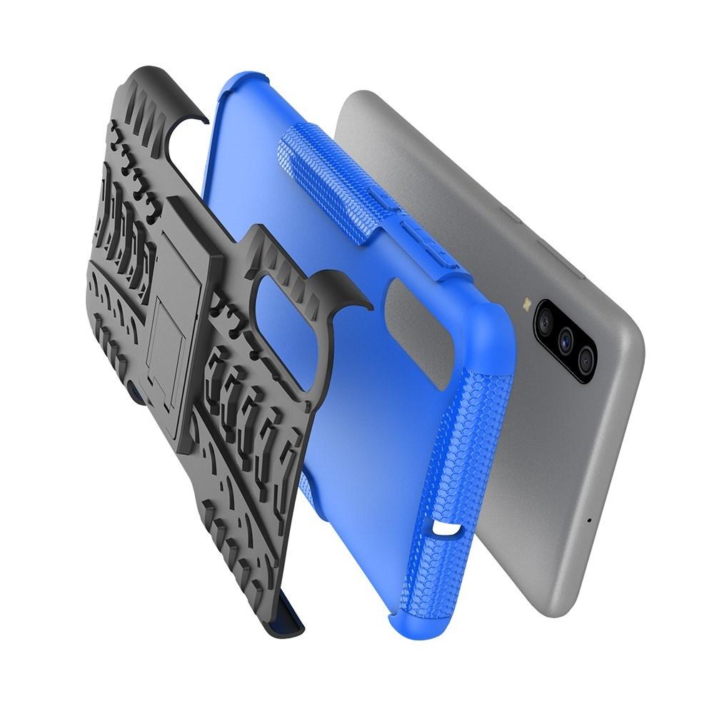 Двухкомпонентный Противоскользящий Гибридный Противоударный Чехол для Samsung Galaxy A70 с Подставкой Синий