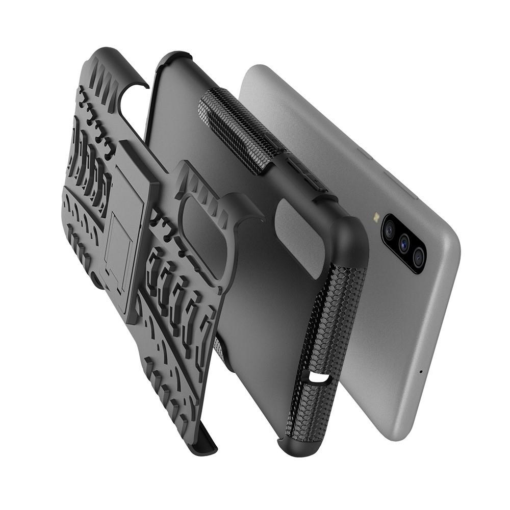 Двухкомпонентный Противоскользящий Гибридный Противоударный Чехол для Samsung Galaxy A70 с Подставкой Черный