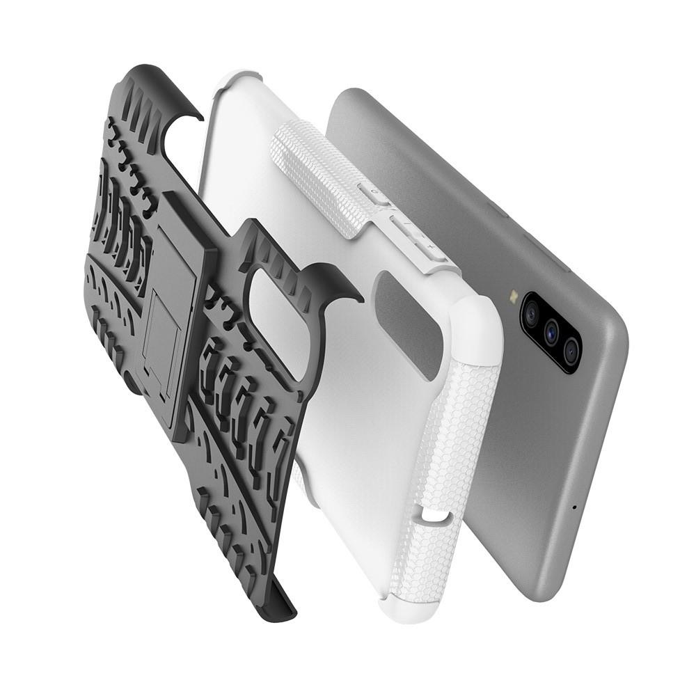 Двухкомпонентный Противоскользящий Гибридный Противоударный Чехол для Samsung Galaxy A70 с Подставкой Белый