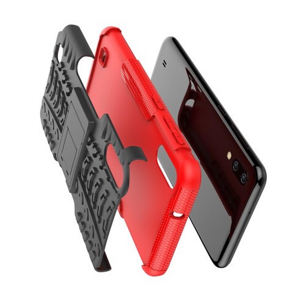 Двухкомпонентный Противоскользящий Гибридный Противоударный Чехол для Samsung Galaxy M10 с Подставкой Красный