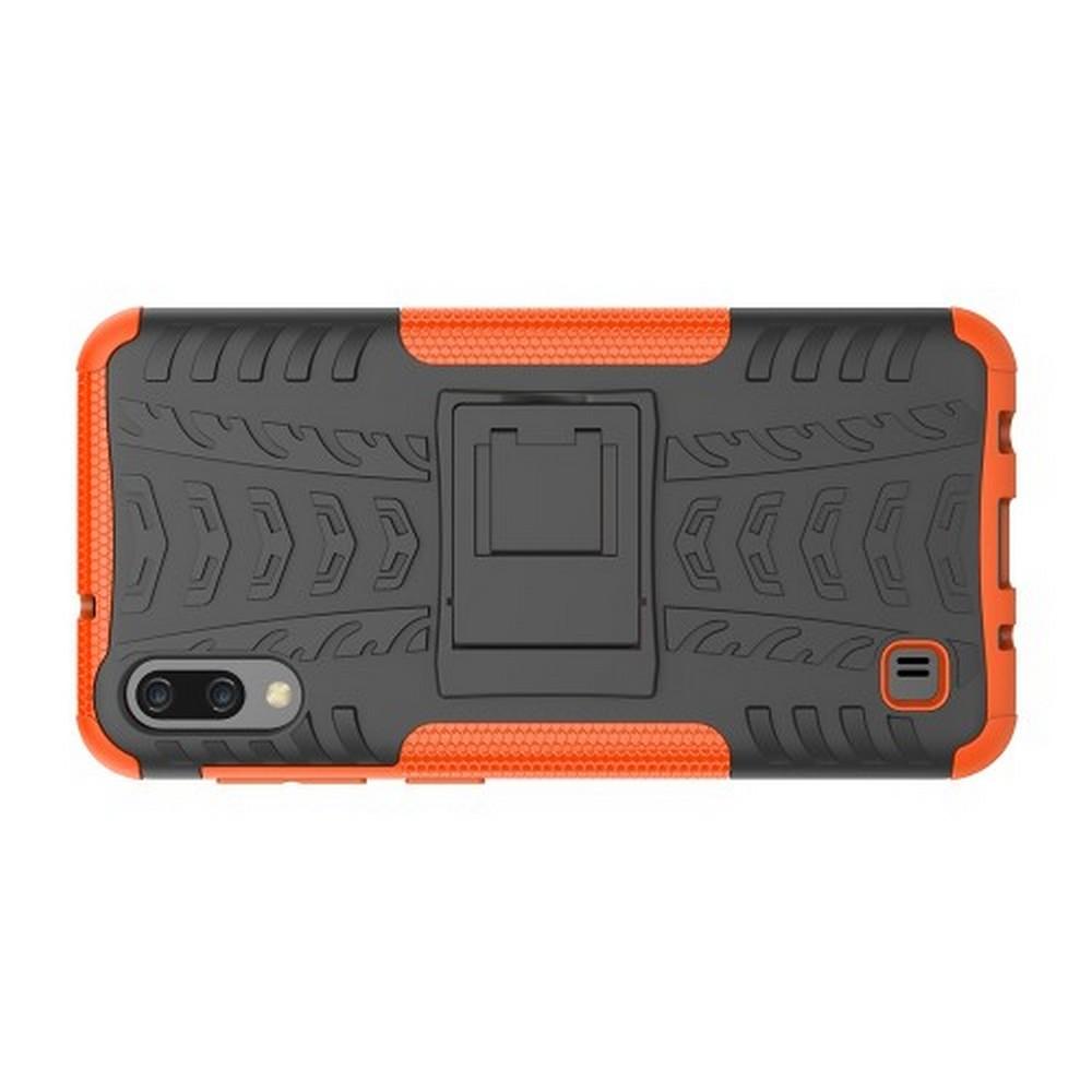 Двухкомпонентный Противоскользящий Гибридный Противоударный Чехол для Samsung Galaxy M10 с Подставкой Оранжевый