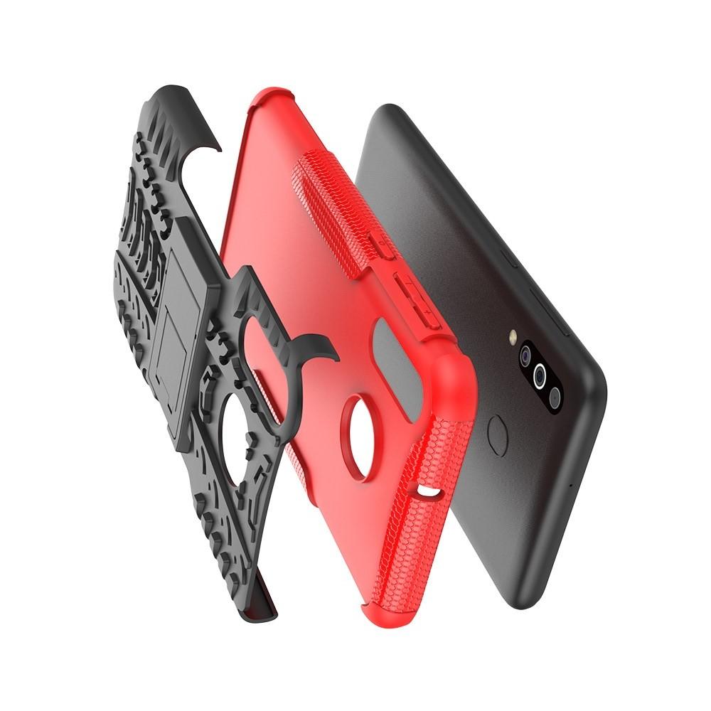 Двухкомпонентный Противоскользящий Гибридный Противоударный Чехол для Samsung Galaxy M30 с Подставкой Красный