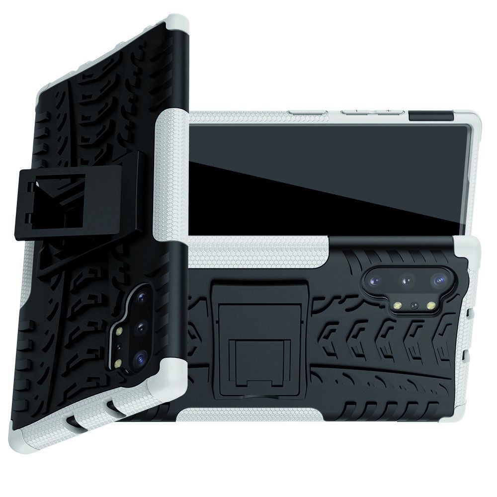 Двухкомпонентный Противоскользящий Гибридный Противоударный Чехол для Samsung Galaxy Note 10 Plus с Подставкой Белый / Черный