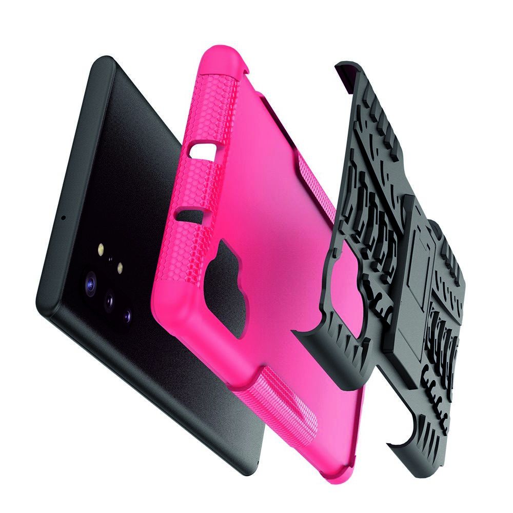 Двухкомпонентный Противоскользящий Гибридный Противоударный Чехол для Samsung Galaxy Note 10 Plus с Подставкой Розовый / Черный