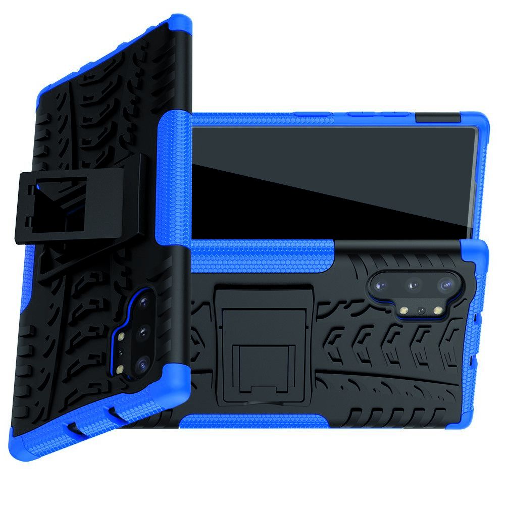 Двухкомпонентный Противоскользящий Гибридный Противоударный Чехол для Samsung Galaxy Note 10 Plus с Подставкой Синий / Черный