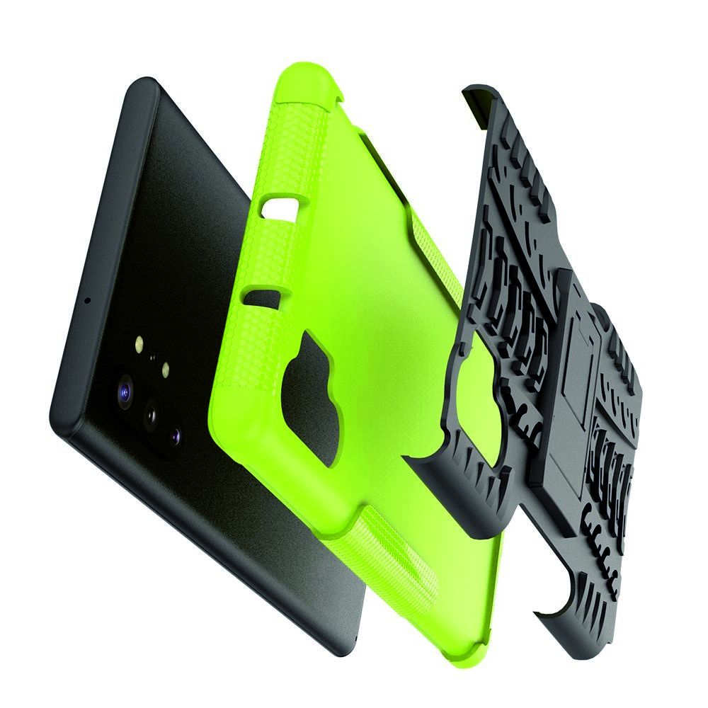 Двухкомпонентный Противоскользящий Гибридный Противоударный Чехол для Samsung Galaxy Note 10 Plus с Подставкой Зеленый / Черный