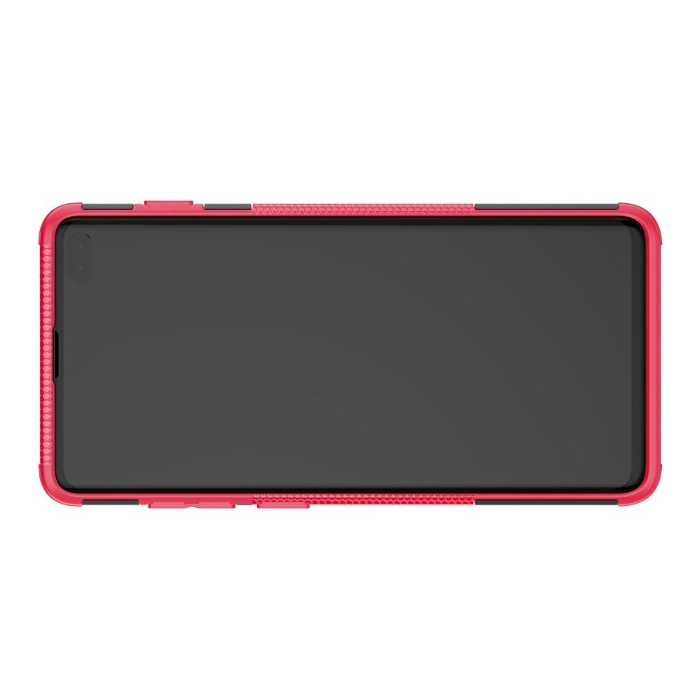 Двухкомпонентный Противоскользящий Гибридный Противоударный Чехол для Samsung Galaxy S10 с Подставкой Розовый