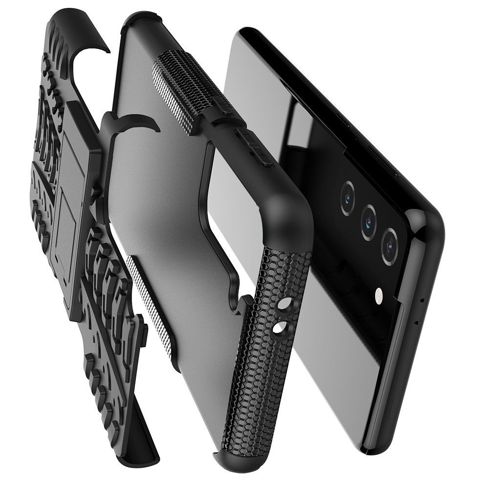 Двухкомпонентный Противоскользящий Гибридный Противоударный Чехол для Samsung Galaxy S21 с Подставкой Черный