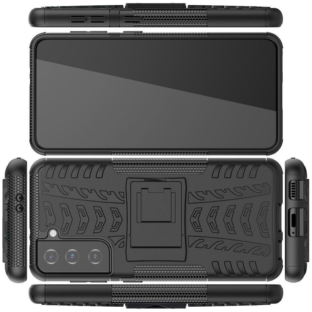 Двухкомпонентный Противоскользящий Гибридный Противоударный Чехол для Samsung Galaxy S21 с Подставкой Черный