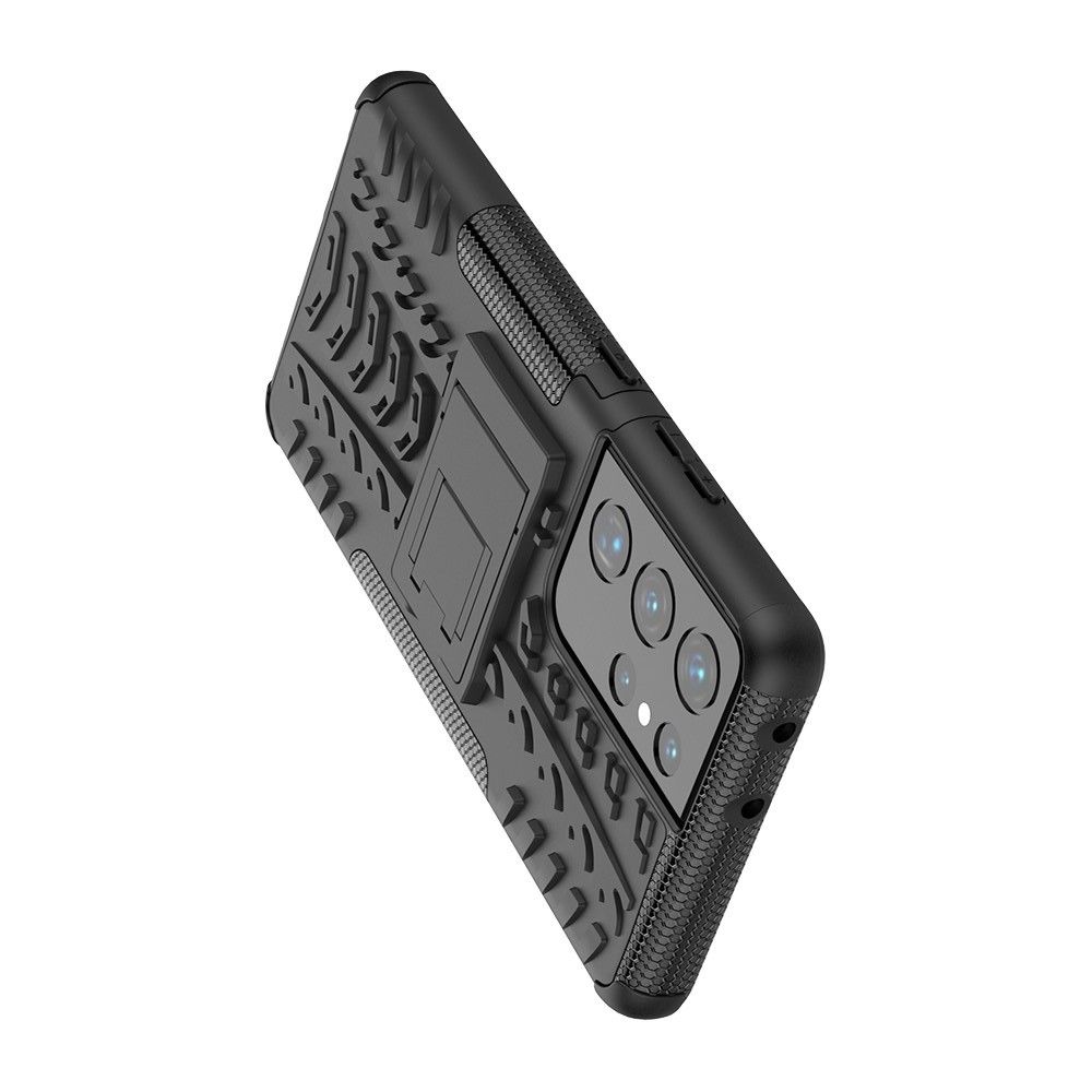 Двухкомпонентный Противоскользящий Гибридный Противоударный Чехол для Samsung Galaxy S21 Ultra с Подставкой Черный