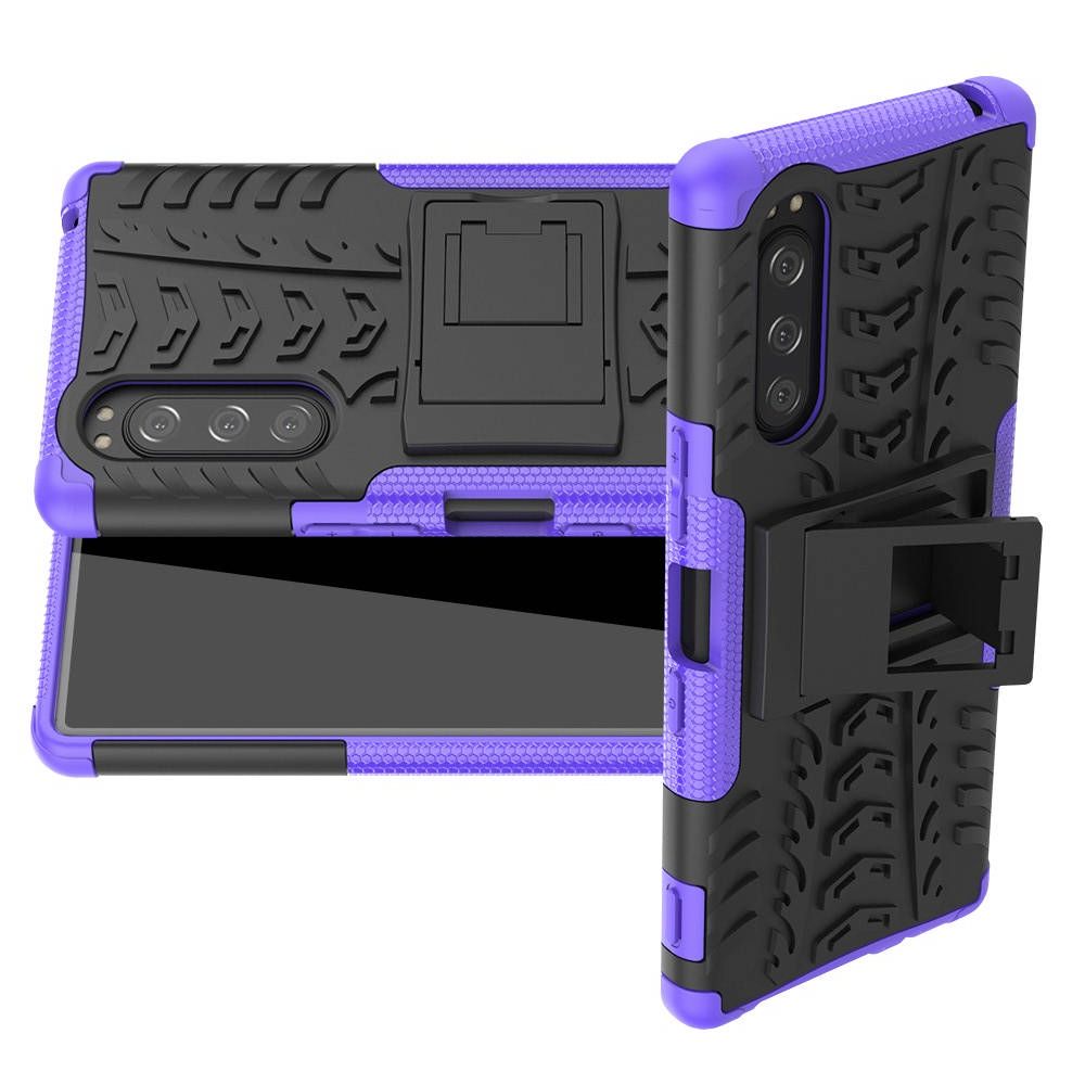 Двухкомпонентный Противоскользящий Гибридный Противоударный Чехол для Sony Xperia 5 с Подставкой Фиолетовый