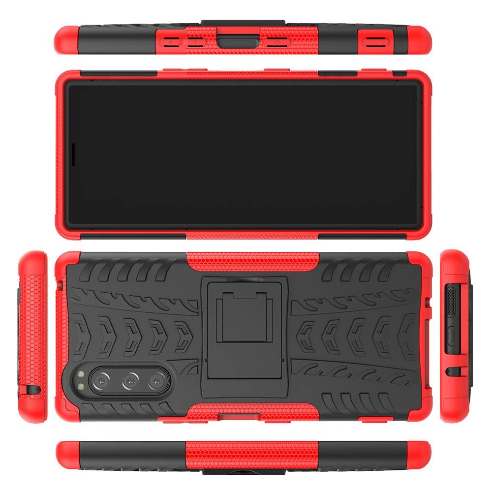 Двухкомпонентный Противоскользящий Гибридный Противоударный Чехол для Sony Xperia 5 с Подставкой Красный