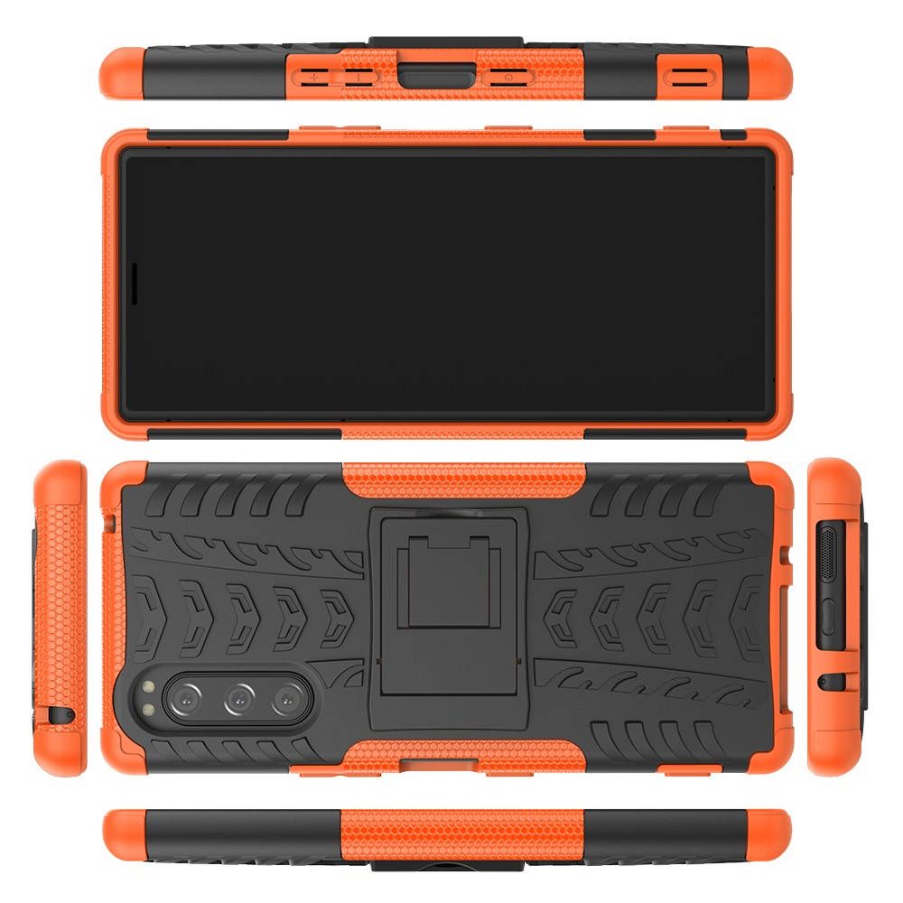 Двухкомпонентный Противоскользящий Гибридный Противоударный Чехол для Sony Xperia 5 с Подставкой Оранжевый