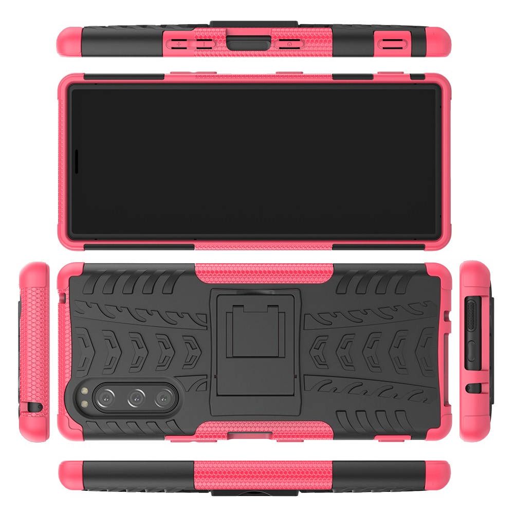 Двухкомпонентный Противоскользящий Гибридный Противоударный Чехол для Sony Xperia 5 с Подставкой Розовый