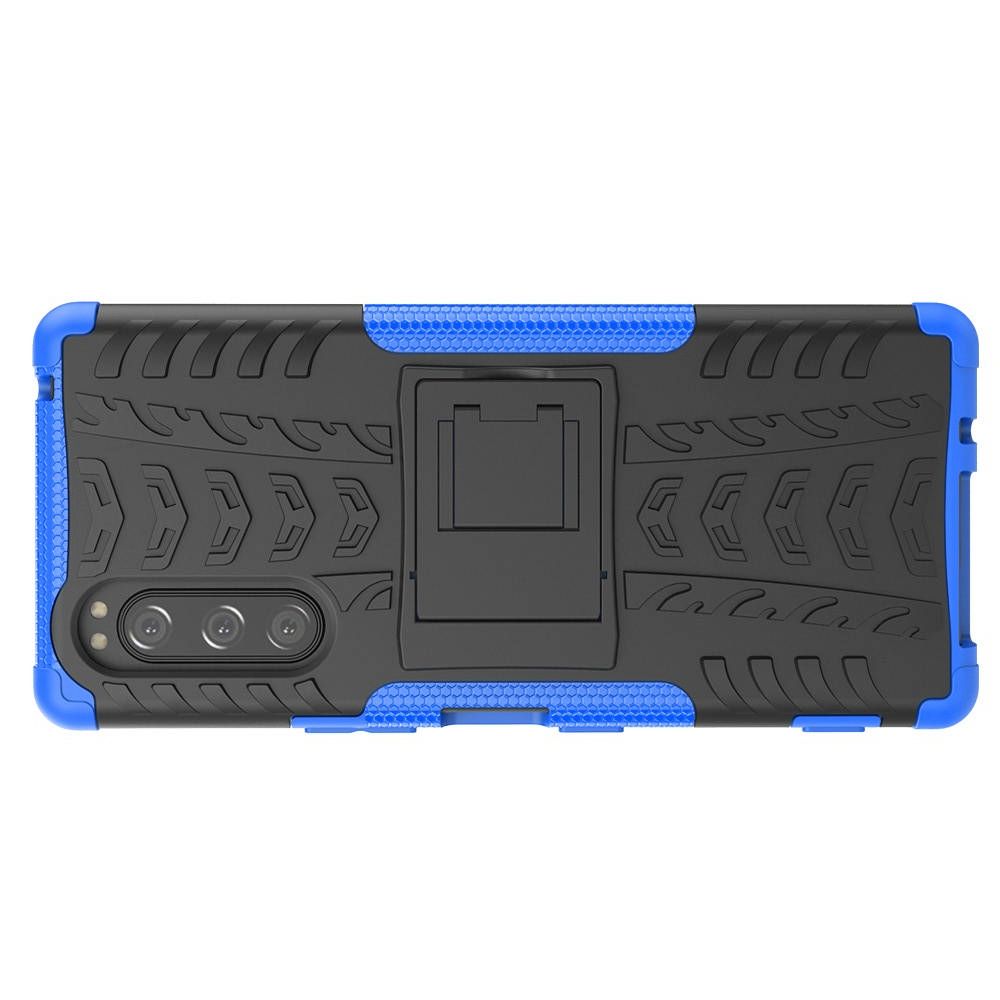 Двухкомпонентный Противоскользящий Гибридный Противоударный Чехол для Sony Xperia 5 с Подставкой Синий