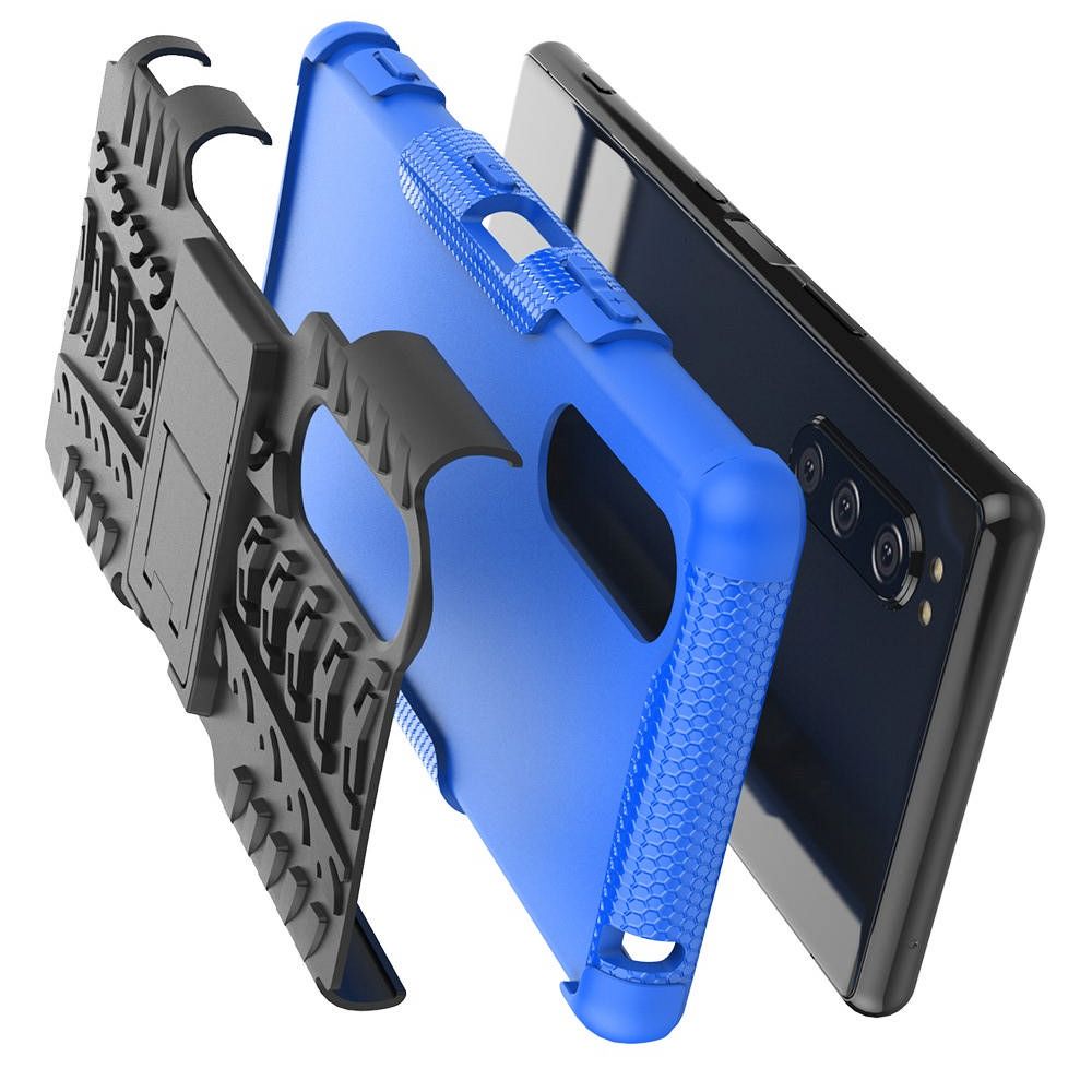 Двухкомпонентный Противоскользящий Гибридный Противоударный Чехол для Sony Xperia 5 с Подставкой Синий