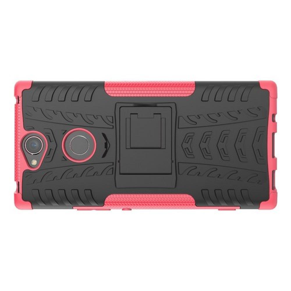 Двухкомпонентный Противоскользящий Гибридный Противоударный Чехол для Sony Xperia XA2 Plus с Подставкой Розовый