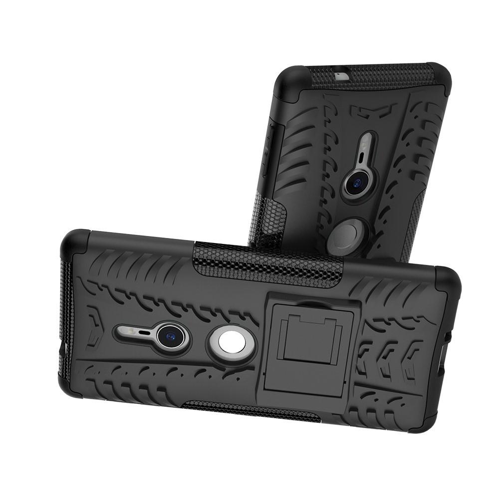 Двухкомпонентный Противоскользящий Гибридный Противоударный Чехол для Sony Xperia XZ2 с Подставкой Черный