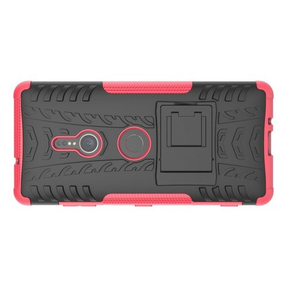 Двухкомпонентный Противоскользящий Гибридный Противоударный Чехол для Sony Xperia XZ3 с Подставкой Розовый