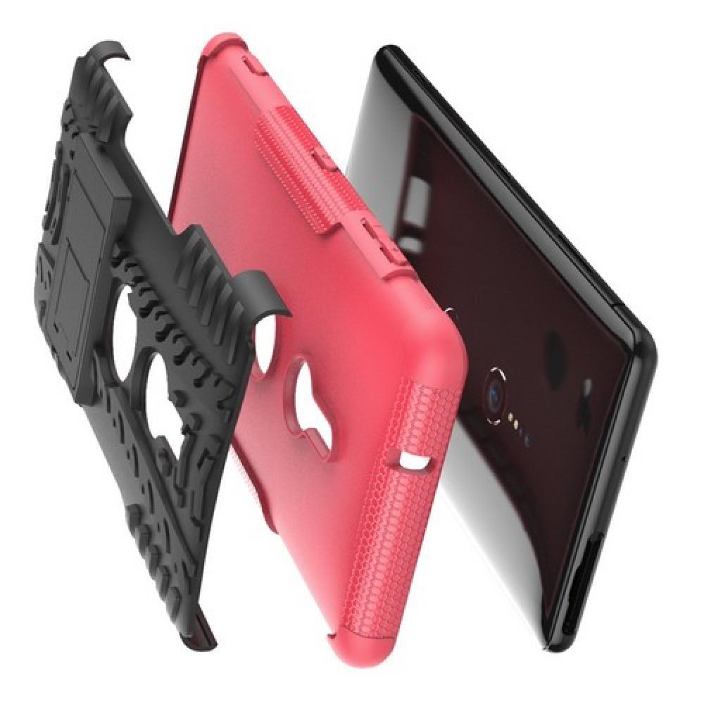 Двухкомпонентный Противоскользящий Гибридный Противоударный Чехол для Sony Xperia XZ3 с Подставкой Розовый
