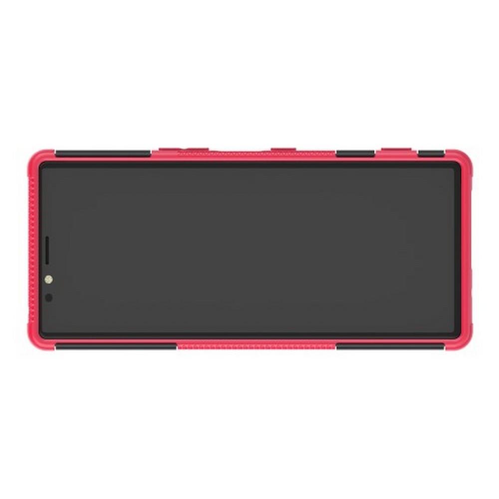 Двухкомпонентный Противоскользящий Гибридный Противоударный Чехол для Sony Xperia 1 с Подставкой Розовый