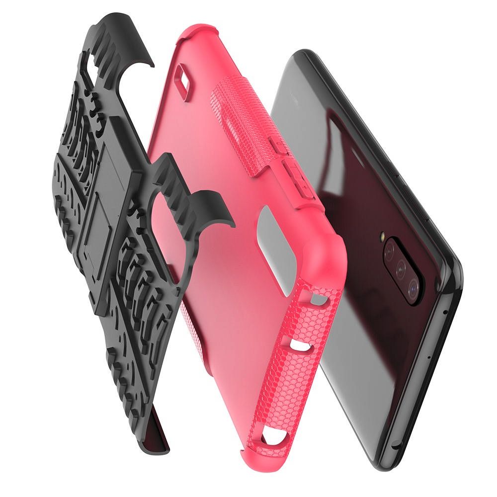 Двухкомпонентный Противоскользящий Гибридный Противоударный Чехол для Xiaomi Mi 9 Lite с Подставкой Розовый / Черный